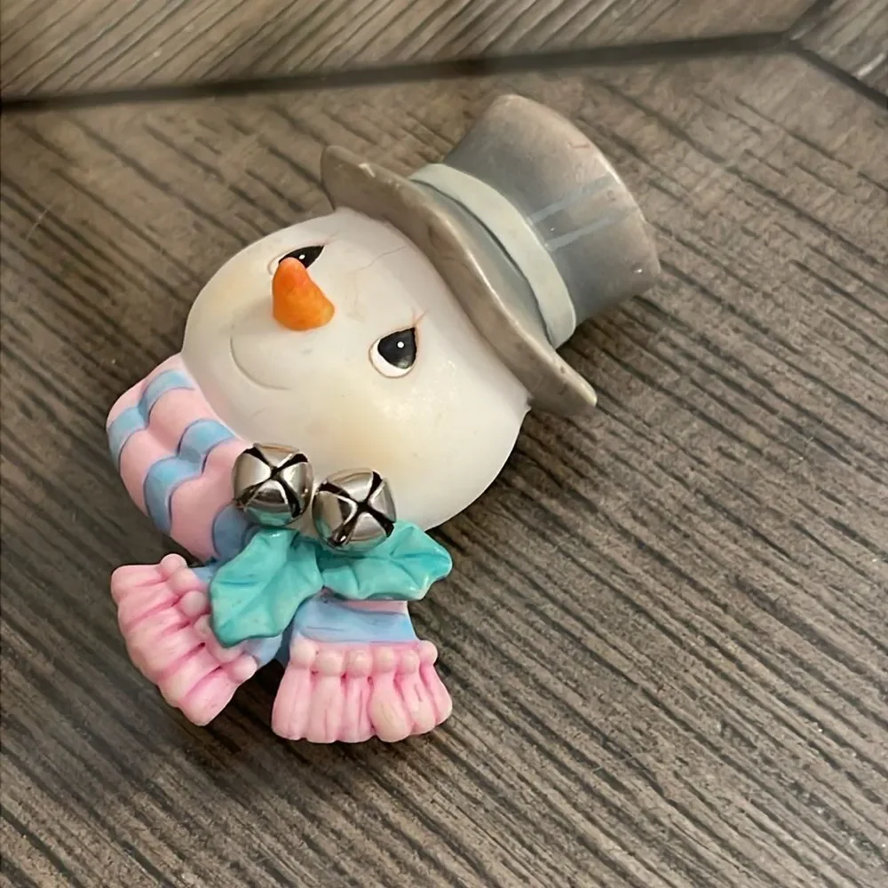 Vintage Precious Moments Snowman Figurine with Pink and Blue Scarf Holiday Pin